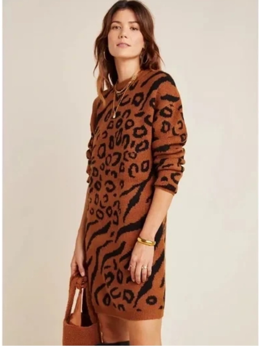 Anthropologie Line & Dot Petite Sweater Dress M Leopard Animal Print NWT